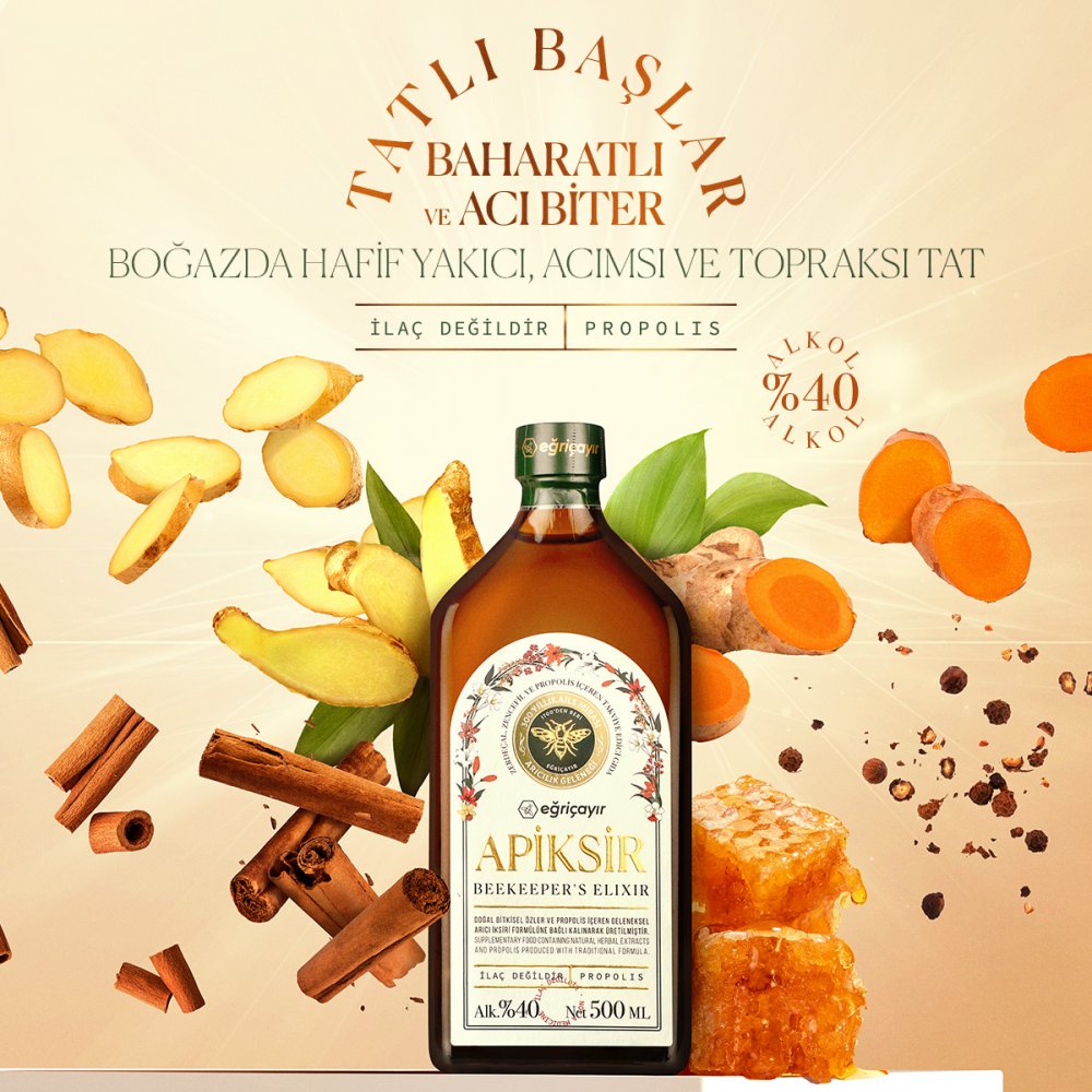 Apiksir 6 Bileşenli Arıcı İksiri (Zerdeçal + Zencefil + Propolis + Bal + Tarçın + Karabiber) (Çözücü: Alkol + Su)