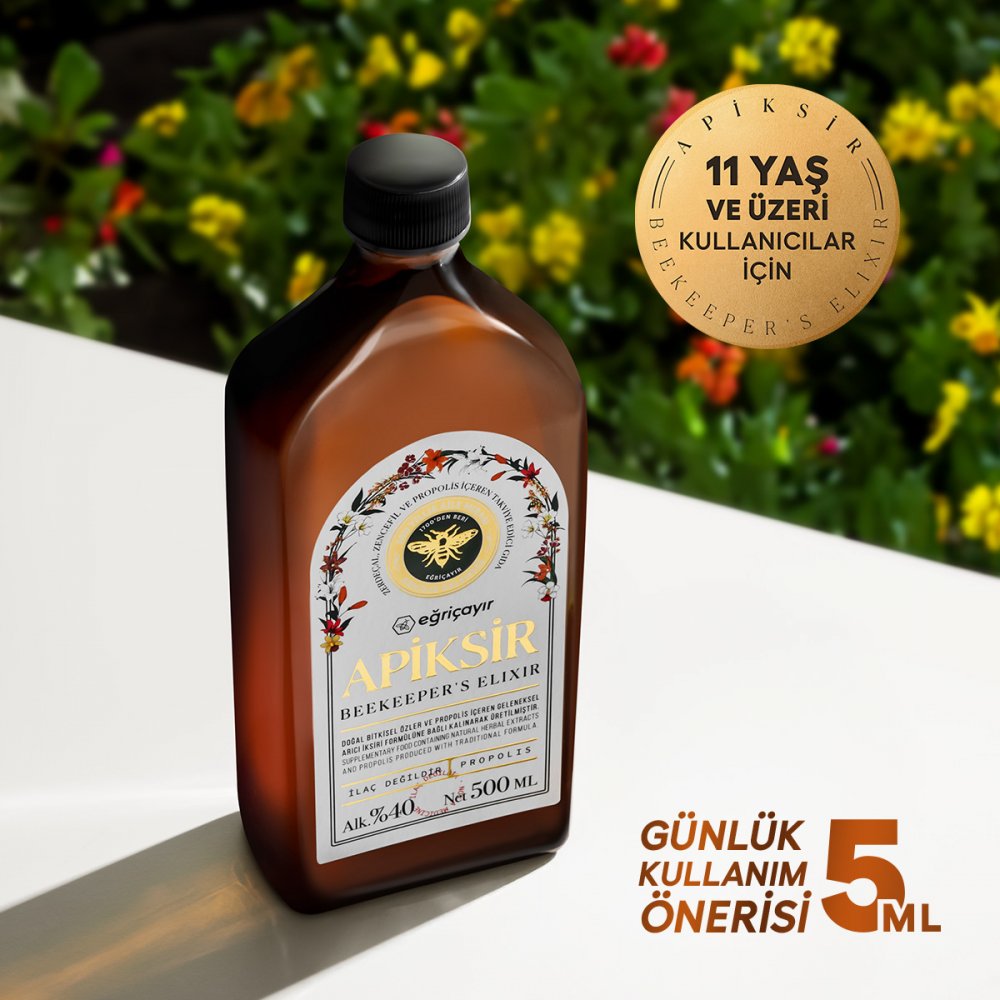 Apiksir 6 Bileşenli Arıcı İksiri (Zerdeçal + Zencefil + Propolis + Bal + Tarçın + Karabiber) (Çözücü: Alkol + Su)