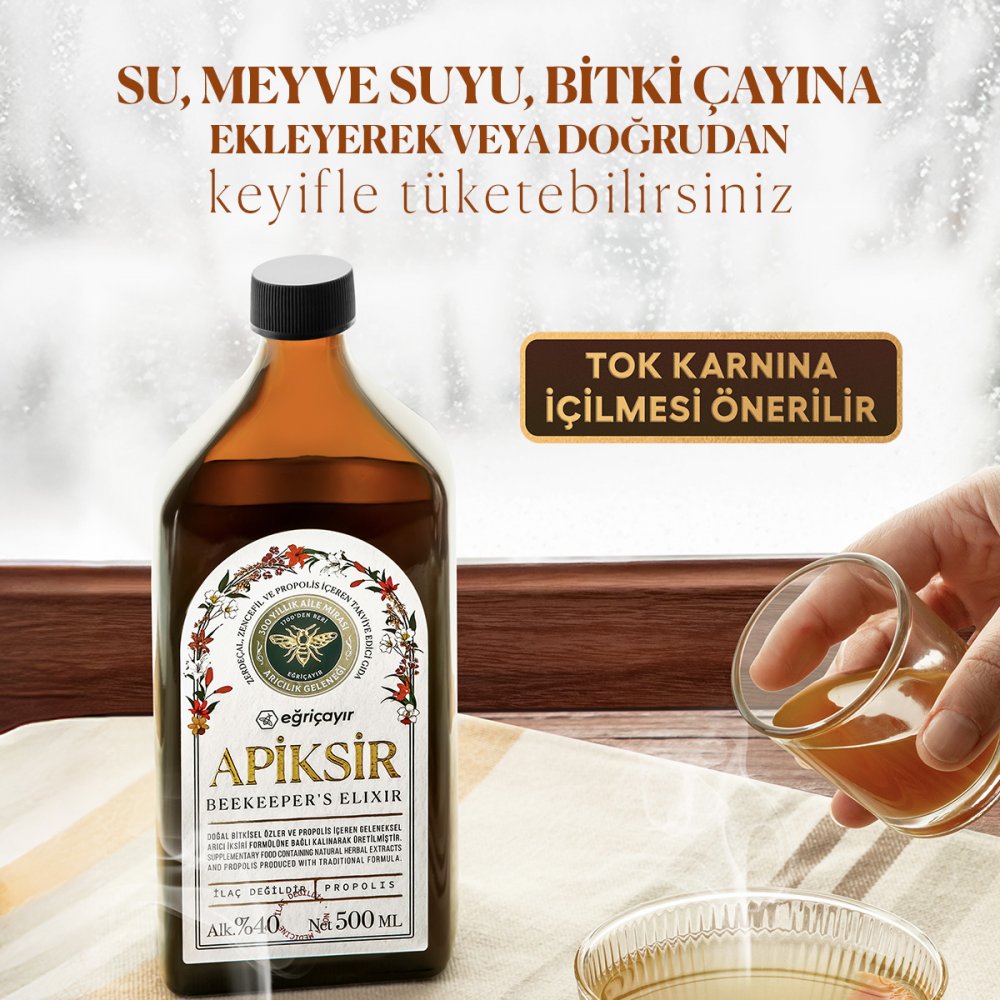 Apiksir 6 Bileşenli Arıcı İksiri (Zerdeçal + Zencefil + Propolis + Bal + Tarçın + Karabiber) (Çözücü: Alkol + Su)